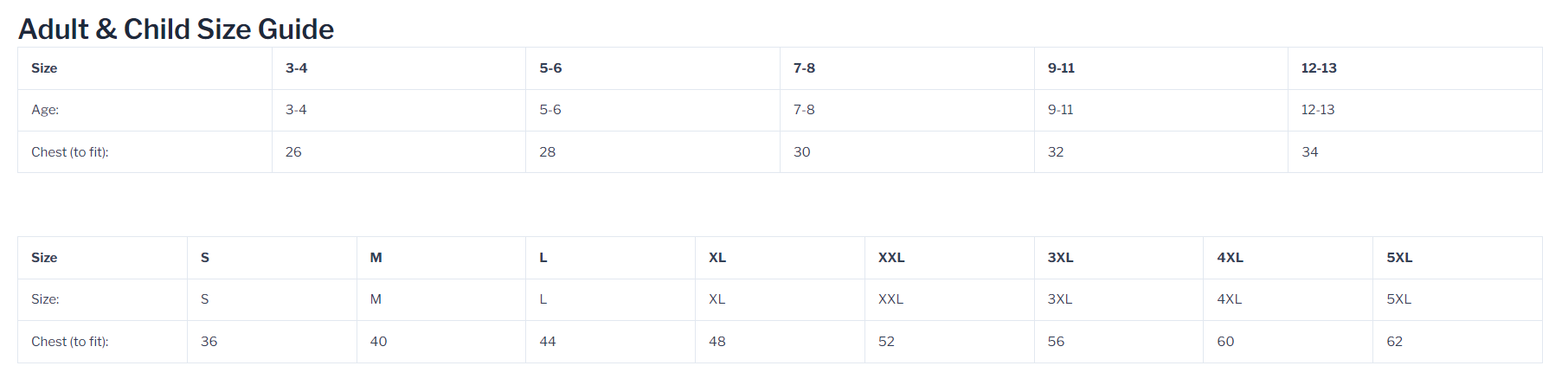 Adult & Child Size Guide